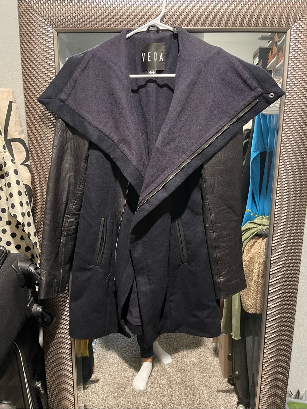 Veda Navy Wool-Blend Coat with Black Leather Sleeves